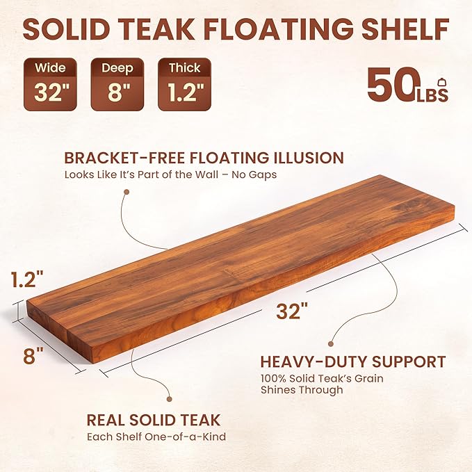 32 Inch Teak Floating Shelves Set of 2