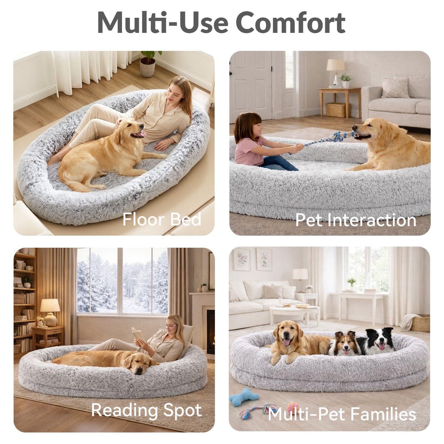 79"x44"x12.5" Human Dog Bed for Adult Faux Fur Washable Human Dog Bed Portable Handle, Egg Orthopedic Foam Human Bed Extra Large with Present Blanket Grey