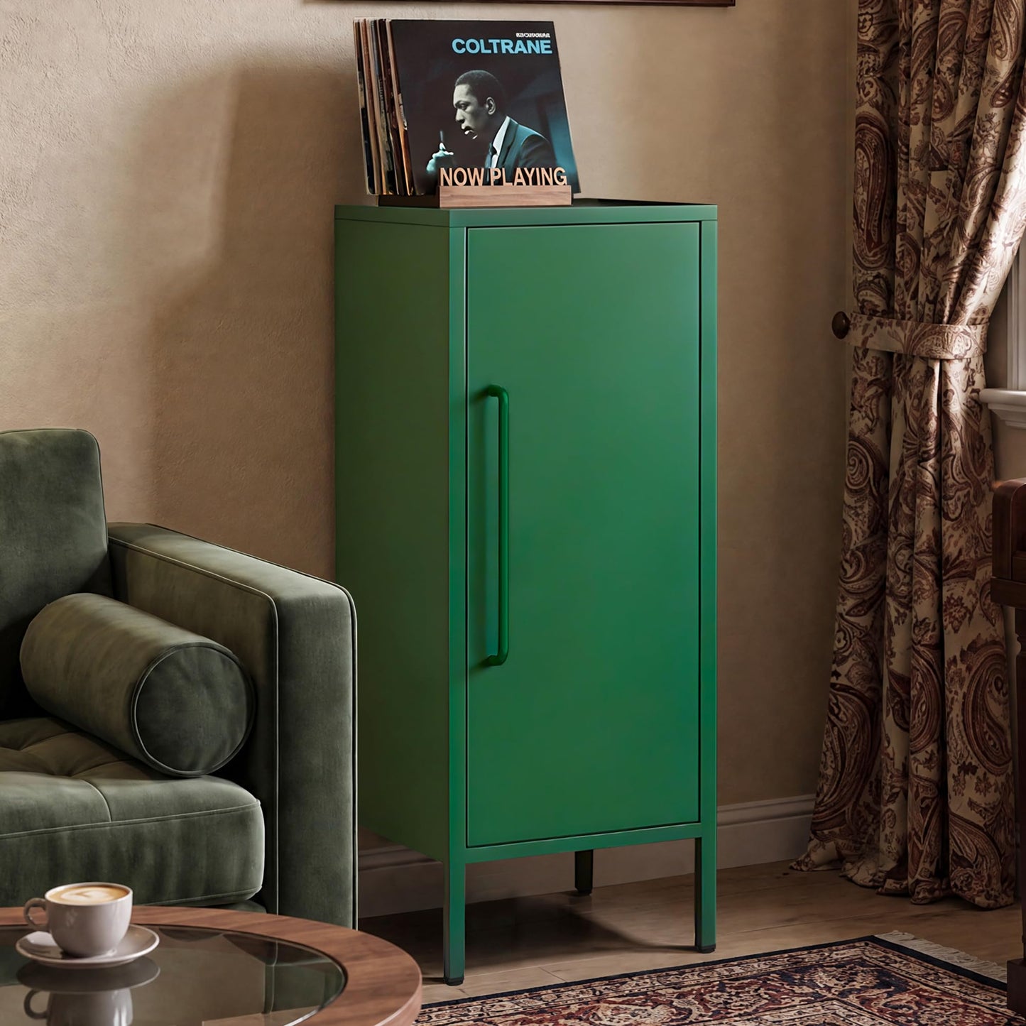 PEROKIER Metal Storage Cabinet 39.5” Decorative Storage Cabinet with Door & 2 Adjustable Shelves for Home Office Garage Kitchen (Green)
