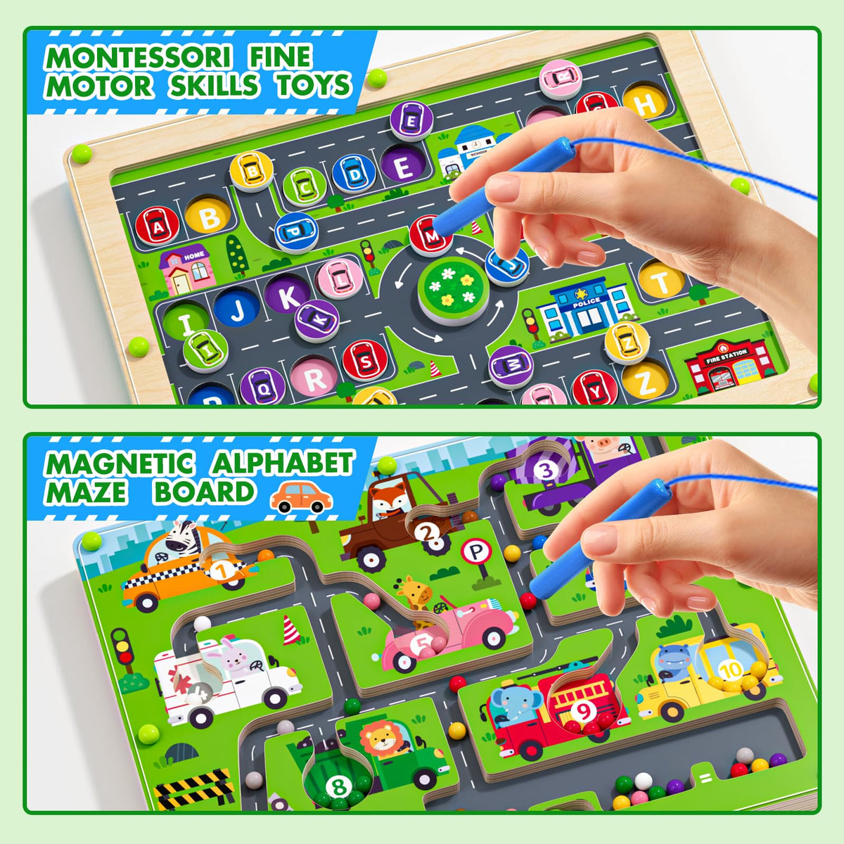 2 in 1 Magnetic Color and Number Maze Double-Sided ABC Alphabet Puzzles Board Magnet Dinosaur Counting Maze Preschool Learning Montessori Education 3 4 5 Years Toys (Car, One Size)