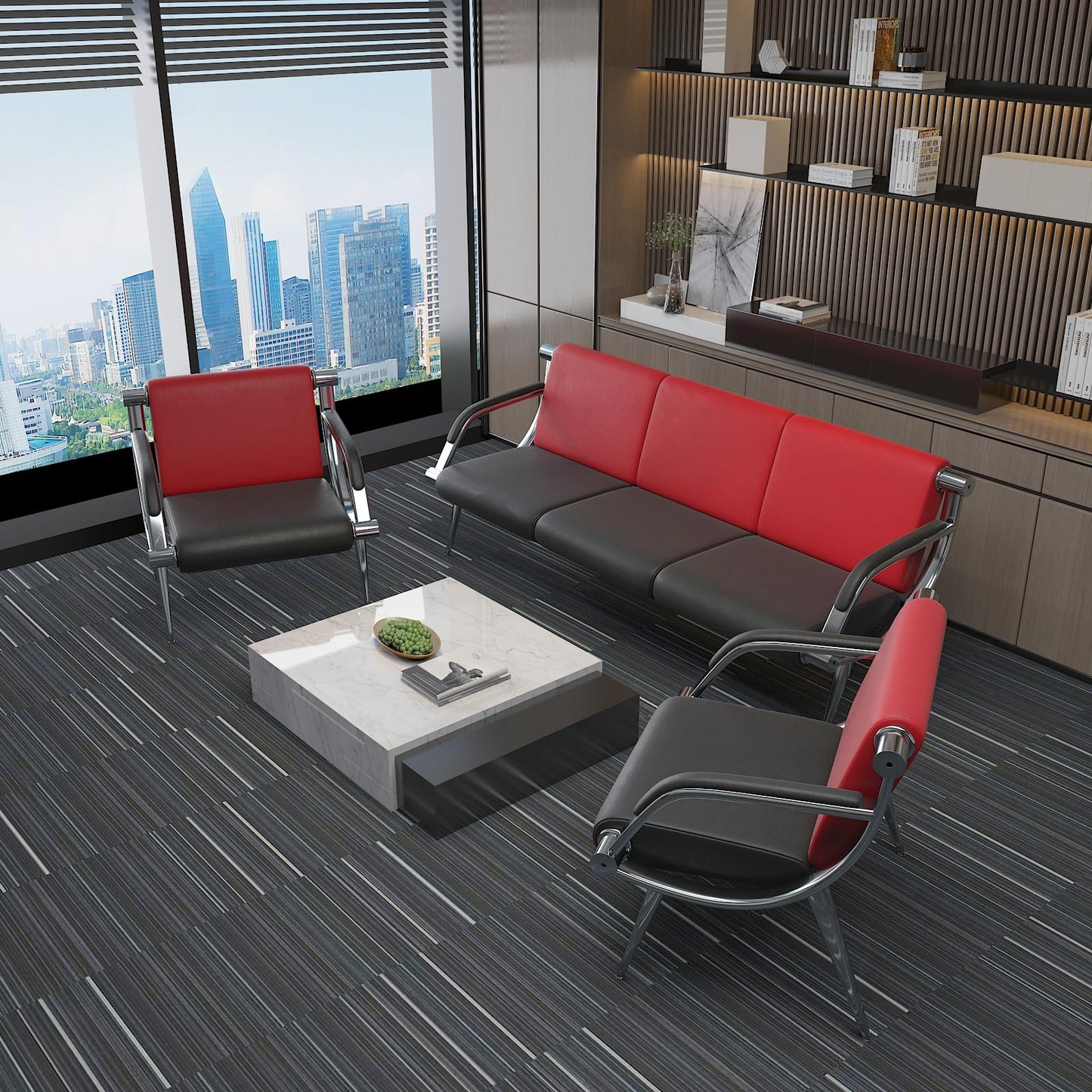 wonline Waiting Room Chair with Armrest PU Leather Office Furniture, Office Guest Seating Lobby Conference Reception Chairs for Airport Clinic Hospital Bank Salon Barber(Red&Black)