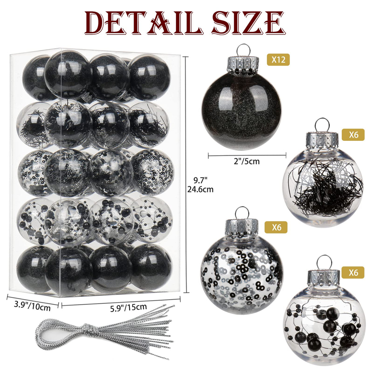 Briful 30PCS Shatterproof 2'' Halloween Tree Balls Set - Black & Clear Decorative Hanging Ornaments for Xmas Tree & Party Decoration