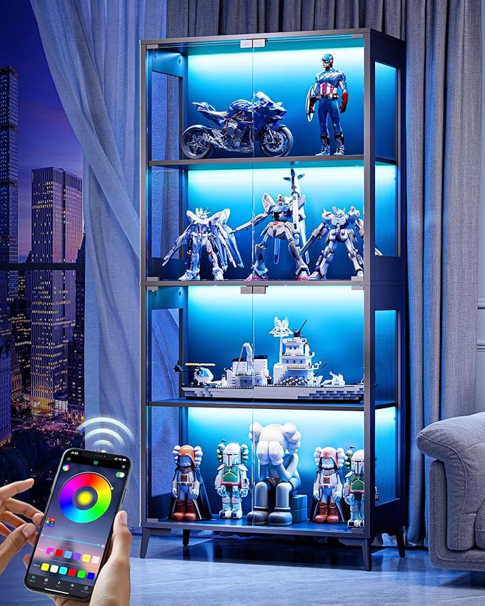 Glass Display Cabinet with Doors, 4-Tier Display Case with Adjustable Shelves