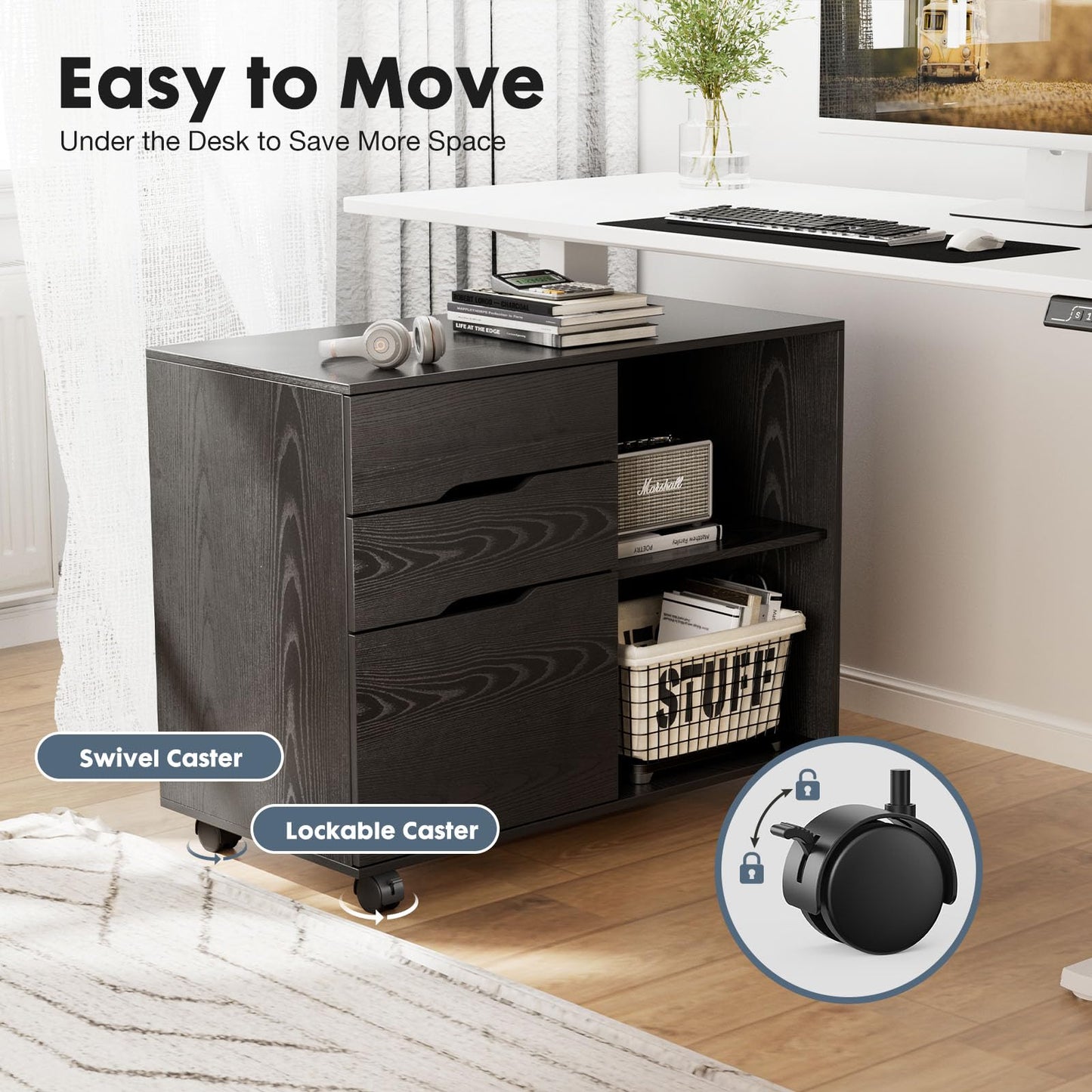 DUMOS Lateral File Cabinet with 3 Drawers Rolling Filing Cabinets Under Desk Storage Printer Stand Wood Organizer with Wheels Adjustable Shelf for Office Home Small Space, Black