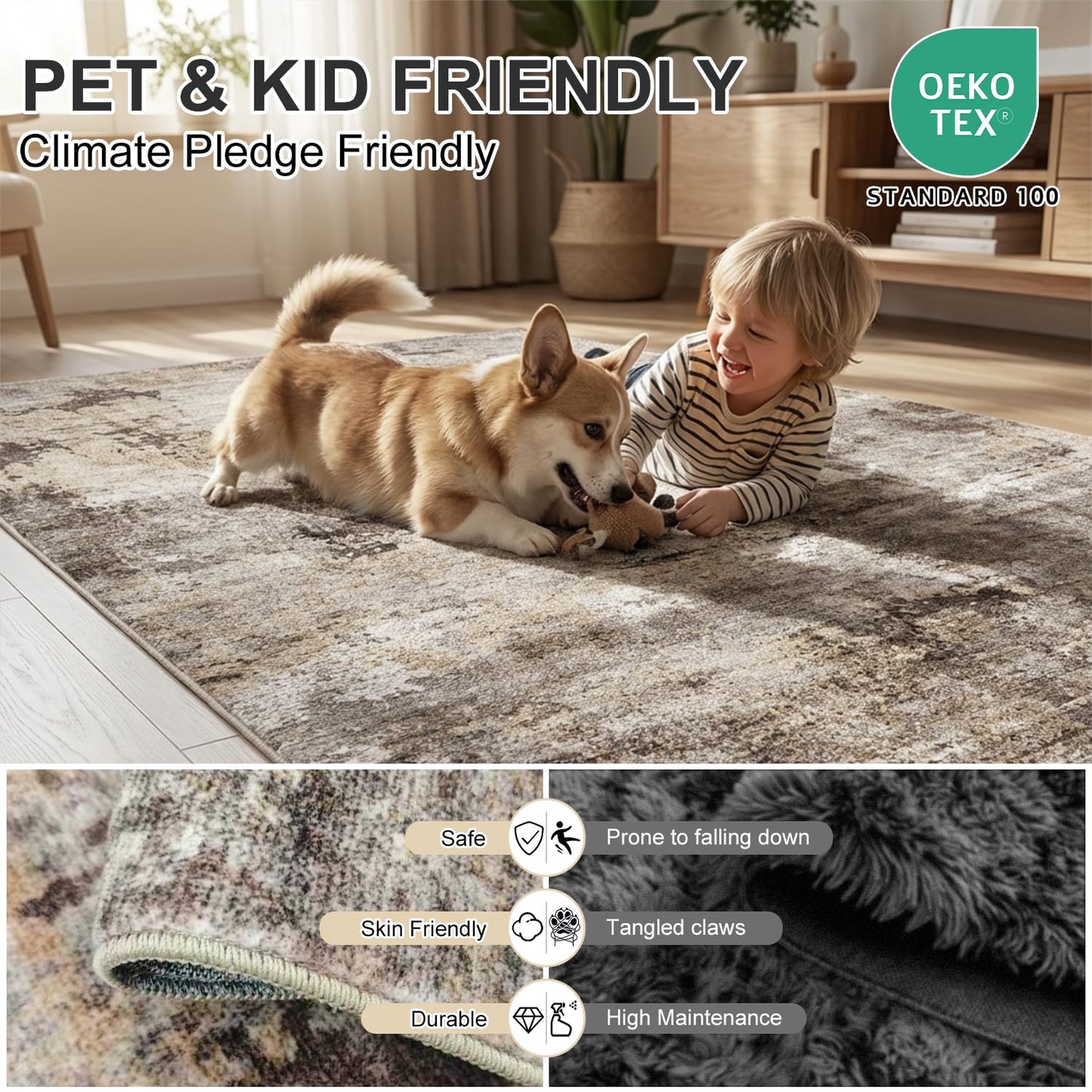 Cnythlis 5'x7' Low Pile Area Rug for Home Office, Washable Abstract Carpet Robot Vacuum Compatible 0.26 Inch Non Slip Under Desk Dining Room Mat, Brown