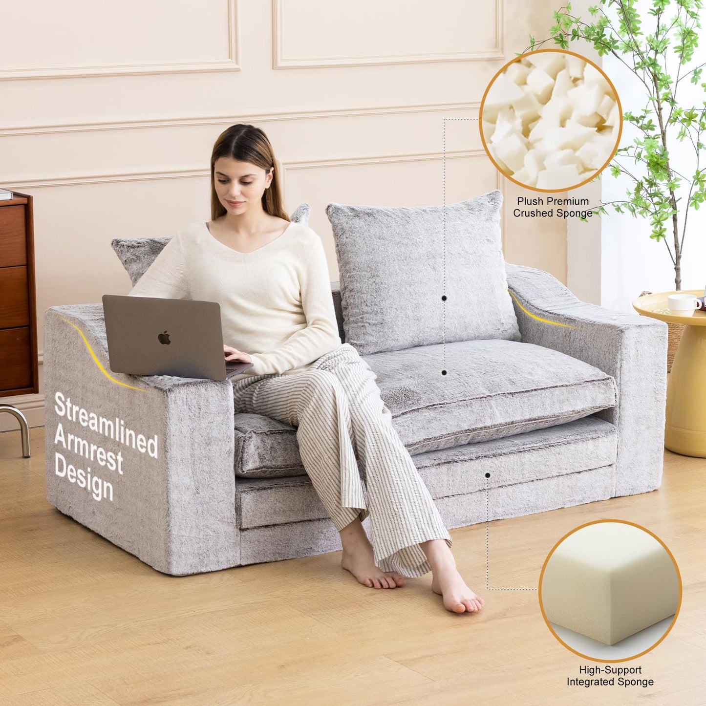 61" Convertible Sofa Bed Loveseat, Memory Foam Boneless Floor Couch with Removable Faux Fur Cover, Tri-folding Compact Full-size Sleeper for Small Living Room, Playroom, Guest Room, RV (White-Coffee)