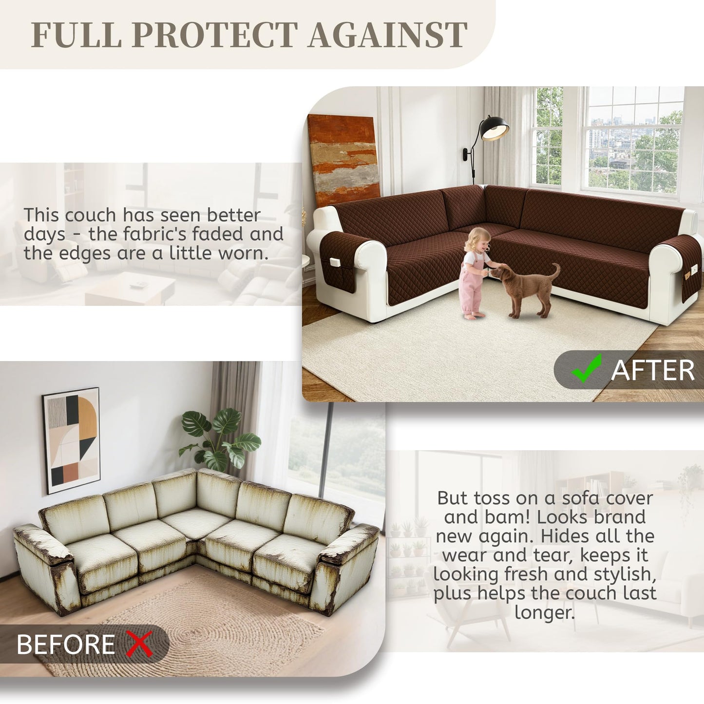 SYJOVIA Sectional Couch Covers for Dogs 100% Waterproof Corner L Shaped Sofa Cover Pet Friendly Velvet Washable Anti Slip L Shape Modular Sofa Slipcover Protector with Pockets (Dark Coffee, X-Large)