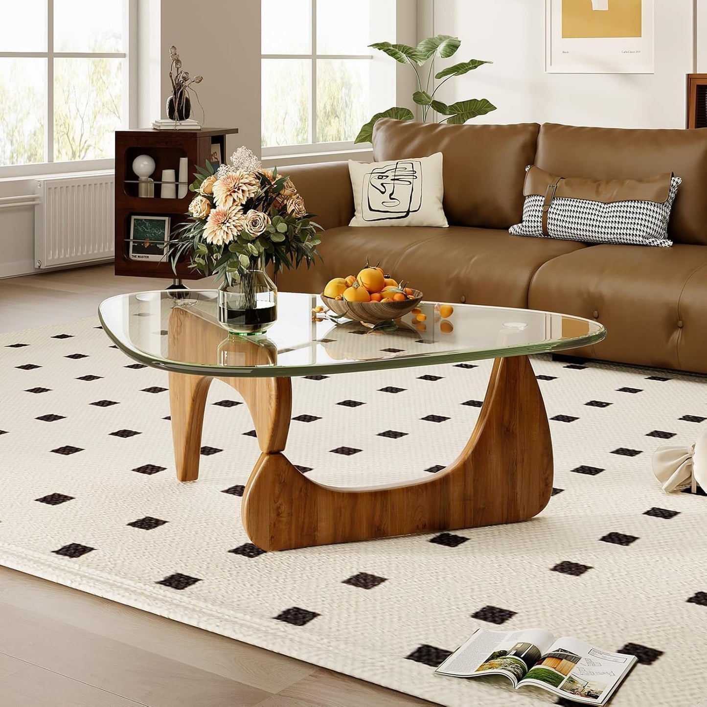 Modern Glass Coffee Table, 35.8" Small Center Table, Mid Century Tea Tables with Tempered Glass Top & Unique Solid Legs, for Office Small Space Living Room