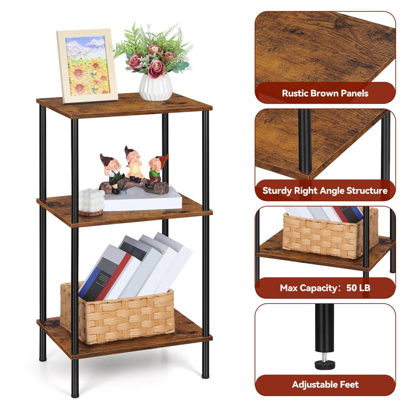 Tall End Table 3 Tier Side Table with Storage Small Nightstand for Small Spaces Living Room Bedroom 3 Tier Slim Table for Office