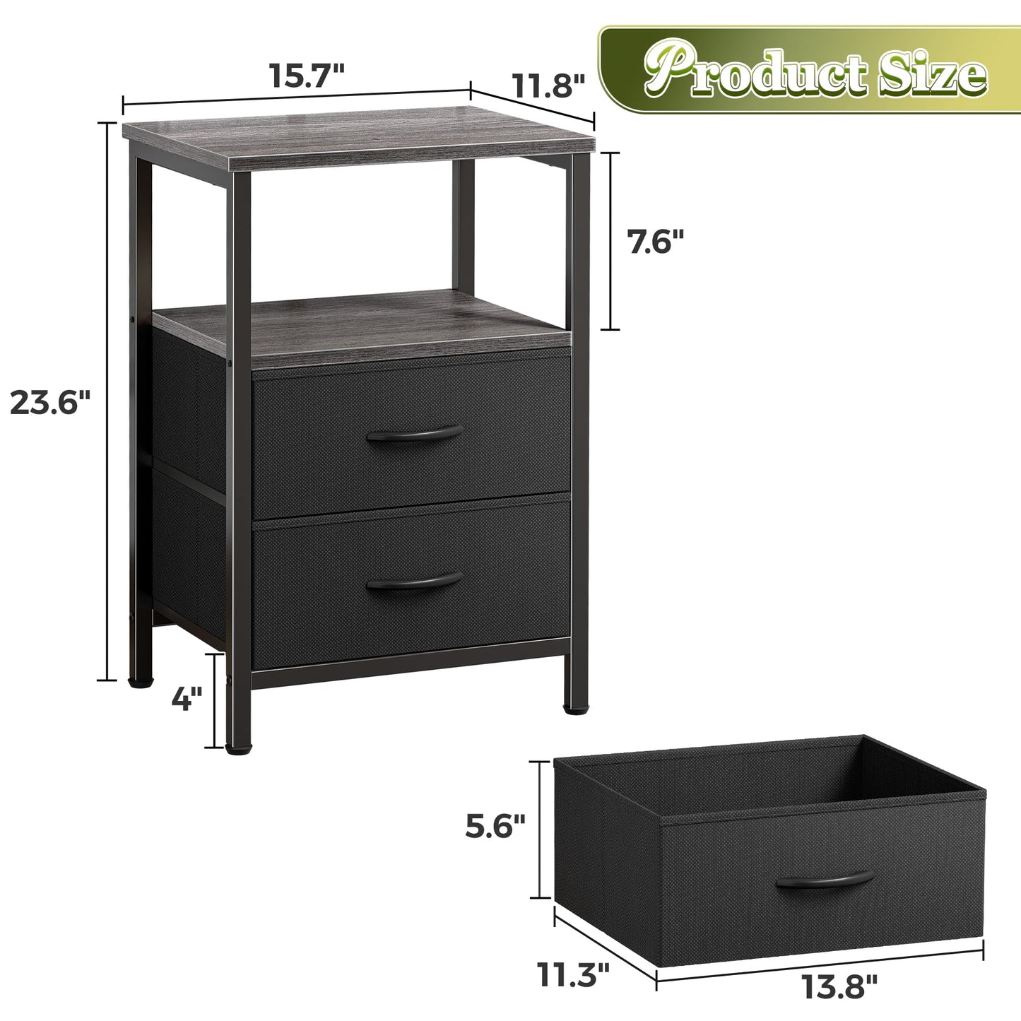 Huuger Night Stand with 2 Drawers, Bed Side Table with Open Shelf, Wooden Top, Nightstand for Bedroom, End Table for Small Space, Fabric Drawer, Grey