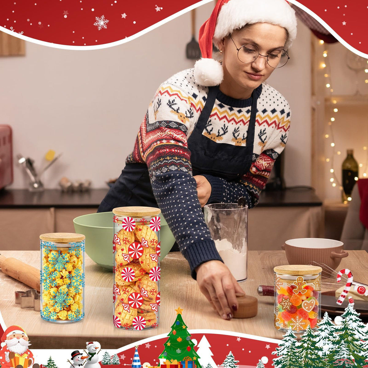 Cumule 3 Pcs Christmas Glass Storage Jars With Airtight Bamboo Lid Candy Cane Gingerbread Man Snowflake Glass Food Storage Jars with Wood Lid for Xmas Home Kitchen Containers Decoration