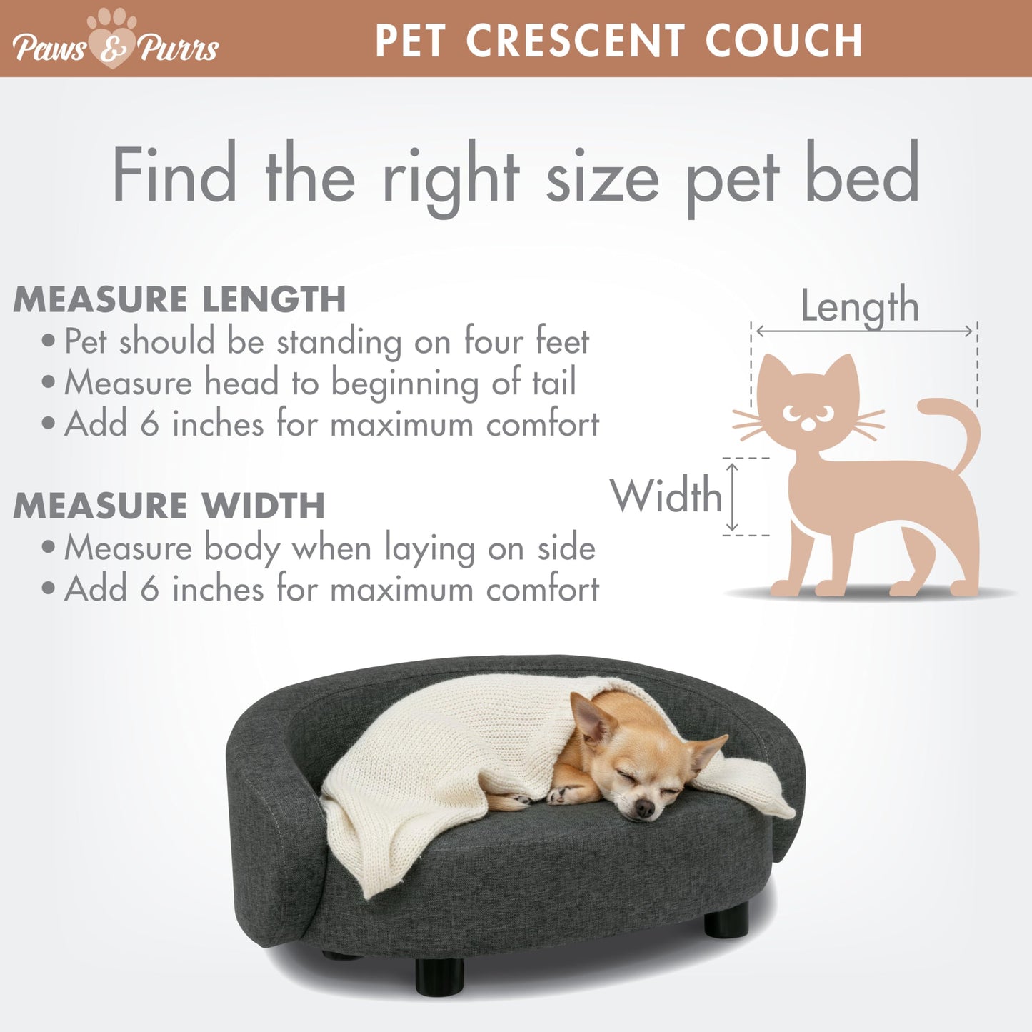Paws & Purrs Arc Crescent Back Sofa Style Pet Bed, Dog & Cat Modern Couch with Tufted Cushion & Armrest, Stylish Indoor Pet Furniture, Dark Gray