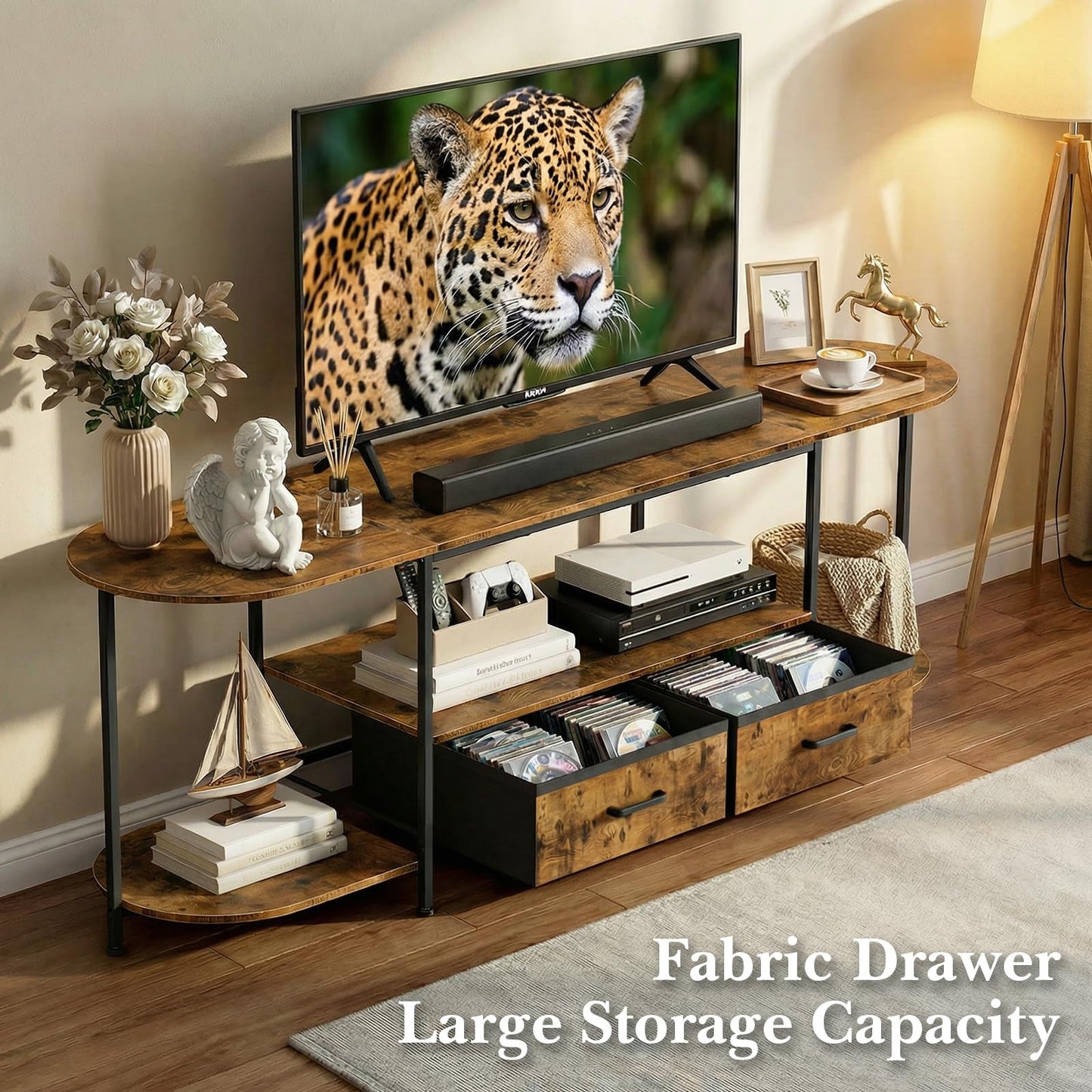 Faesun 63 Inch TV Stand for TVs Up to 70 Inch, Rustic Brown Entertainment Center with 2 Fabric Drawers, Modern TV Console Table with Curved Edge, Wood Media Stand for Living Room Bedroom