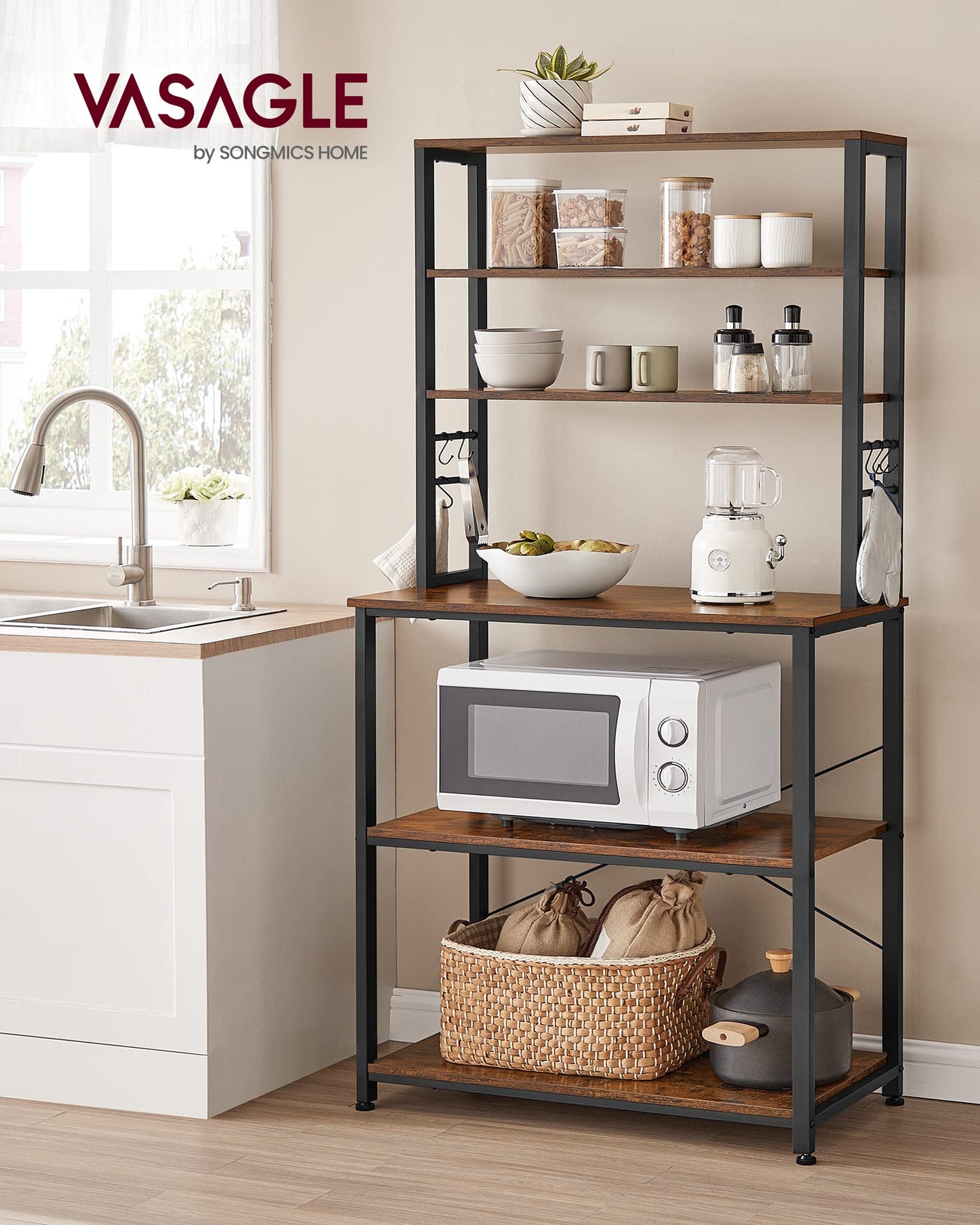 VASAGLE Coffee Bar, 31.5 Inches Baker's Rack for Kitchen with Storage, 6-Tier Kitchen Shelves with 6 Hooks, Microwave Stand, Industrial, Rustic Brown and Ink Black UKKS019B01