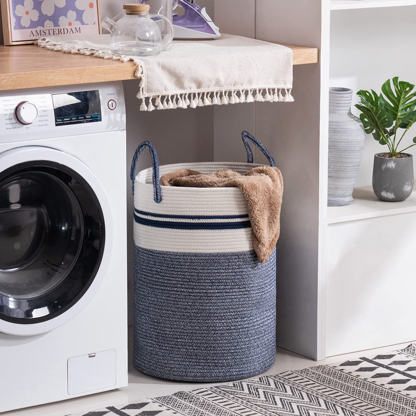 Woven Rope Laundry Hamper Basket by YOUDENOVA, 58L Tall Luandry Basket, Baby Nursery Hamper for Blanket Storage in Bedroom-Large-Blue