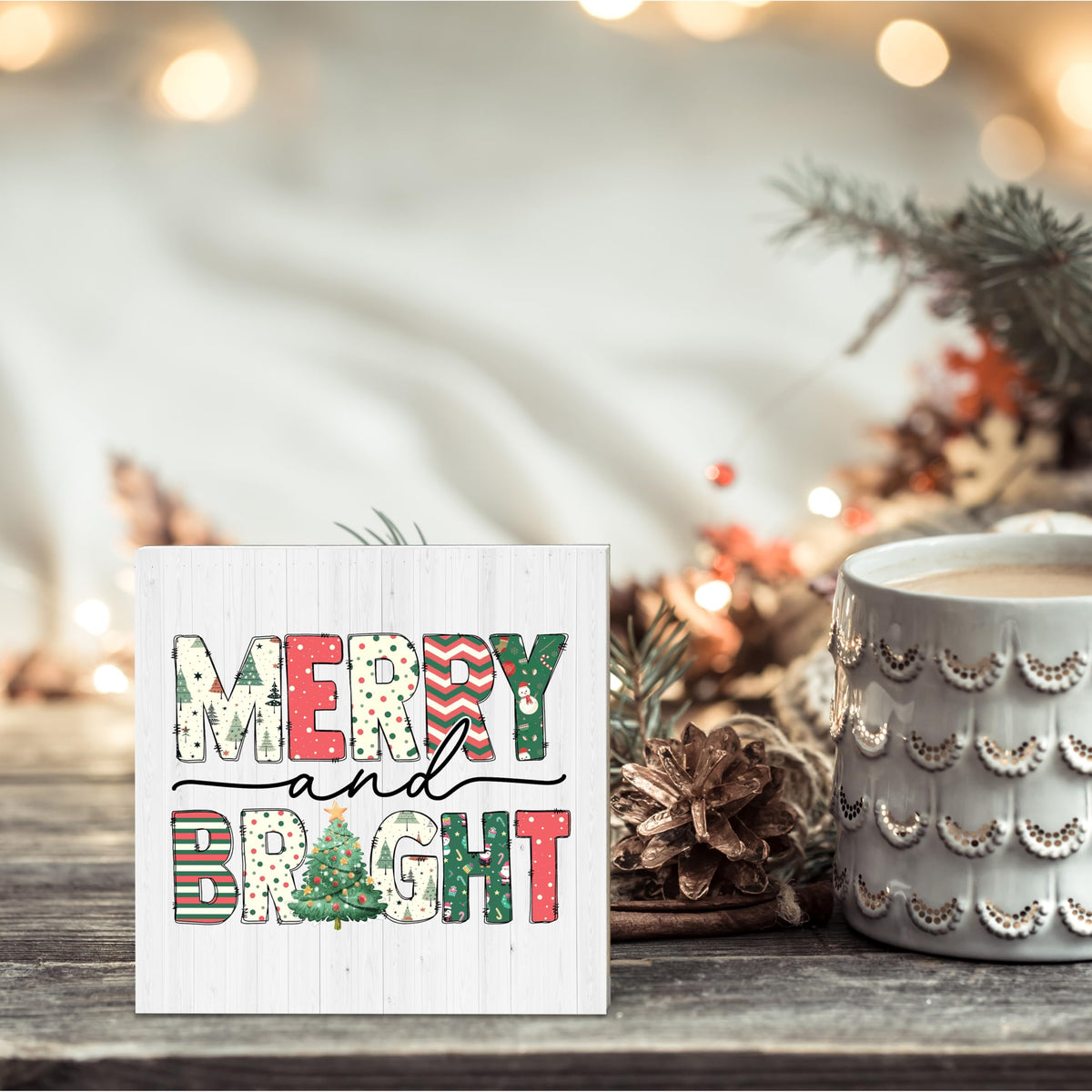 OXRUN Christmas Table Decorations, Merry and Bright Wooden Box Sign Decorative, Xmas Holiday Gifts for Women Men Home Office Shelf Decor 6 x 6 Inches - F07