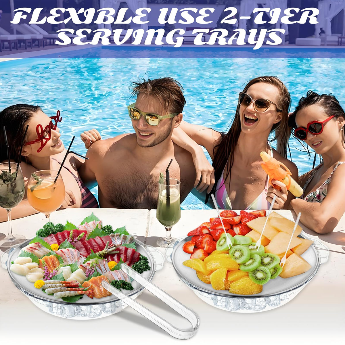 3 Set Chilled Serving Tray for Parties with Compartments, 11.8" Ice Chilled Party Platter, Ice Serving Board with 3 Tongs 10 Forks, Cold Dish Dip for Fruit,Veggies, Appetizer, Shrimp Cocktail