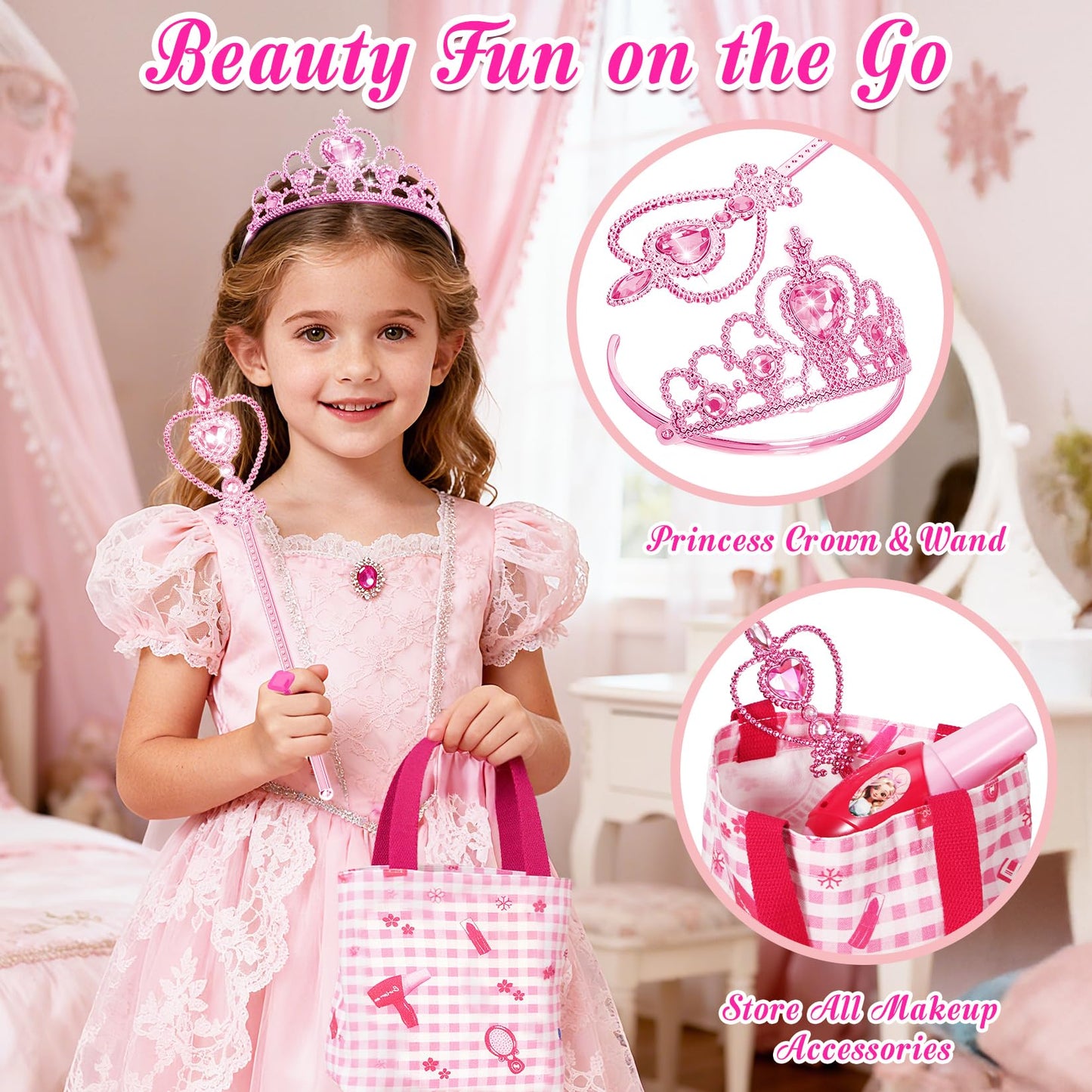 Toddler Vanity Kids Vanity Table and Chair Set, Girls Makeup Table with Mirror Lights & Music, Pretend Play Dress Up Toys with Hair Dryer, Princess Crown & Wand, Storage Bag, Gifts for Girls Age 3 4 5