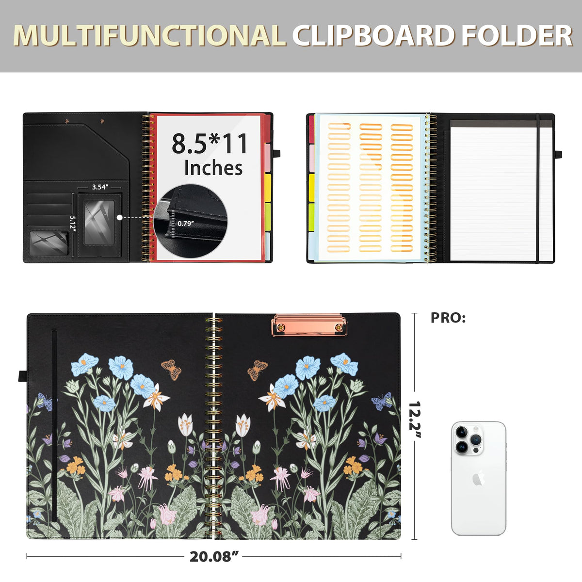 Ospelelf Clipboard with Storage for Women, Leather Padfolio Portfolio Organizer 5 Folders with 10 Pockets, Spiral Clipboard Folio with Notepad for Letter Size, Elastic Closure and Pen Loop Floral