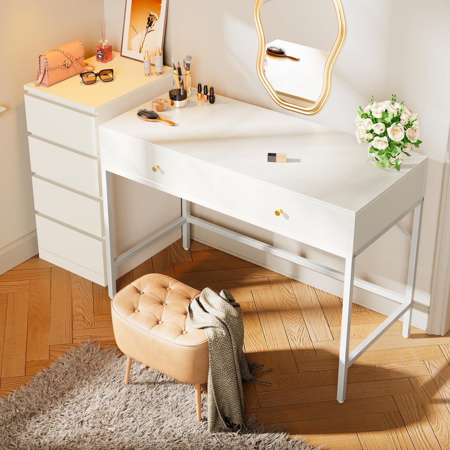 SUPERJARE Vanity Desk with Drawers, 47 inch Computer Desk, Modern Simple Home Office Desks, Makeup Dressing Table for Bedroom - White, 7997W