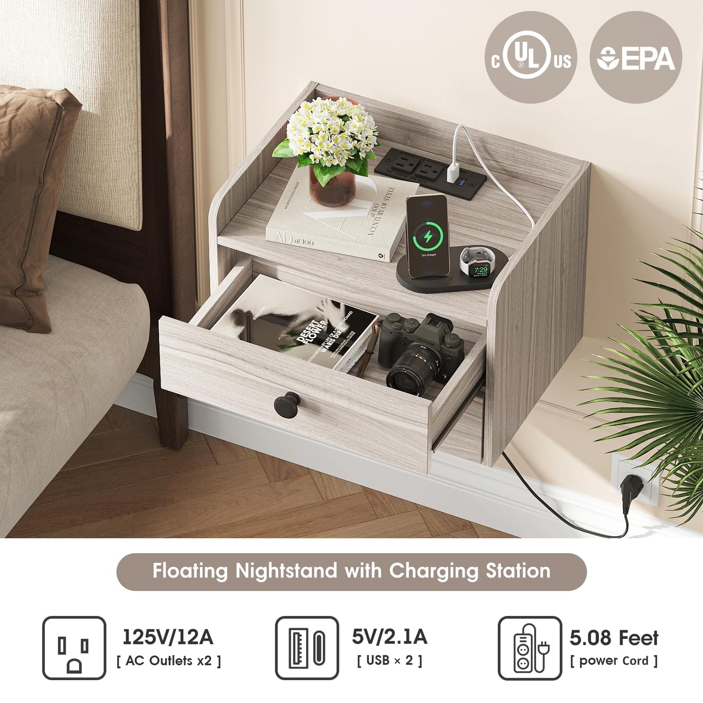 Floating Nightstand Set of 2 with 2 Storage Drawers and Charging Station Wood Wall Mounted Bedside End Table Modern Night Stands Set 2 for Bedroom,Small Space,Grey Black