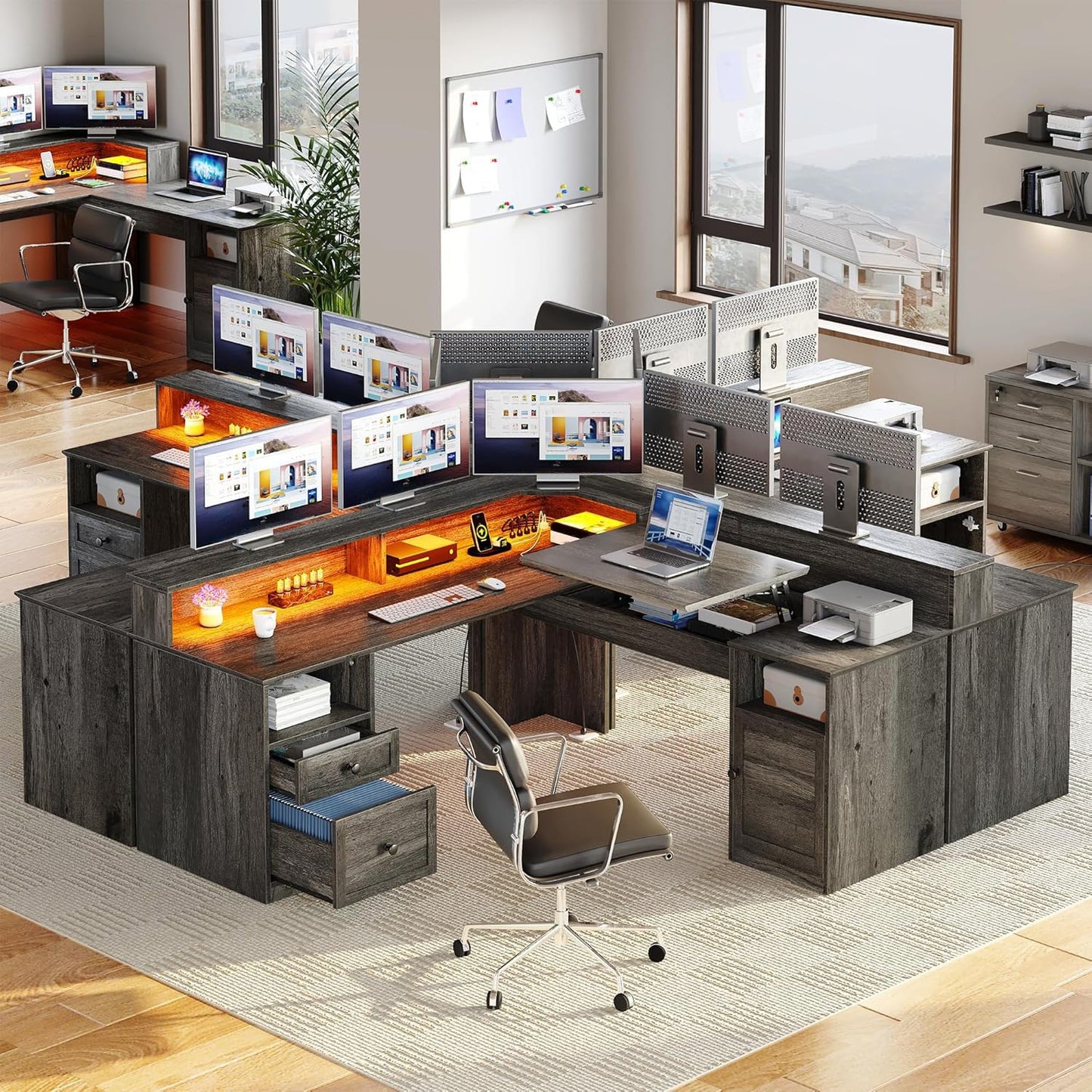 YITAHOME L Shaped Desk with Power Outlets & LED Lights, 60" Corner Computer Desk with Drawers & Lift Top, Home Office Desk with Monitor Stand & File Cabinet, Wood Height Adjustable Desk, Grey