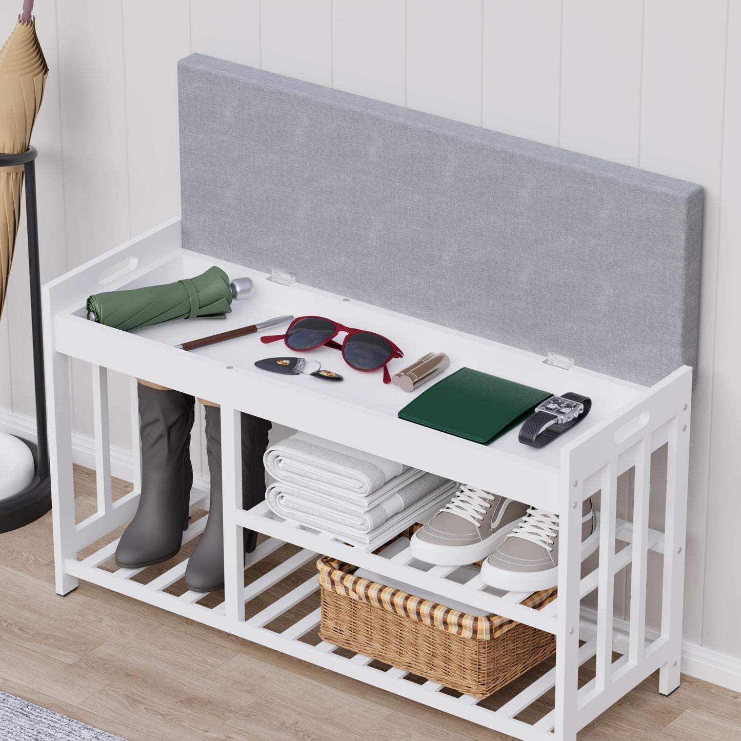 APRTAT 3-Tier Bamboo Shoe Rack Bench, Shoe Storage Organizer Bench, Entryway Benchs, Shoes Rack for Front Door Entrance, Entryway Bathroom Bedroom (White, Large)