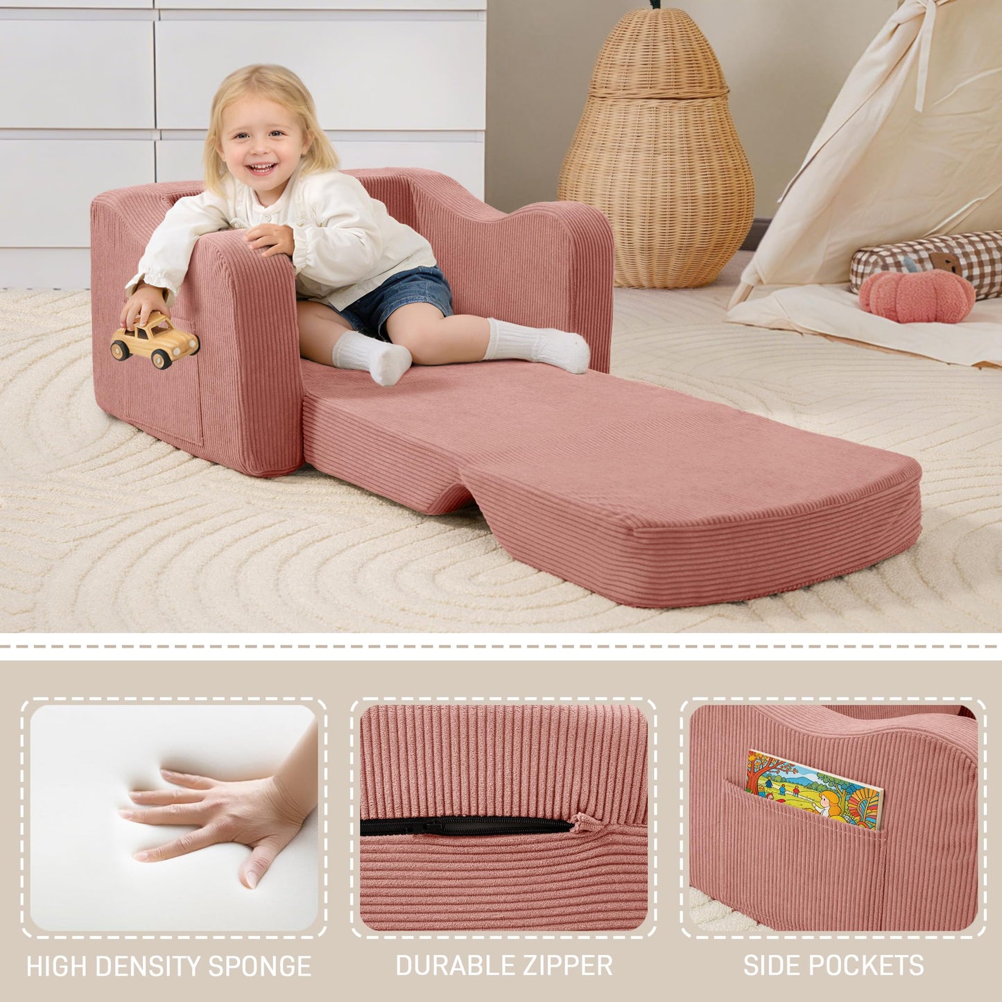 aodisman 2-in-1 Kids Chair and Couch, Thick Cozy Corduroy Kids Sofa, Convertible Foam Seating for Reading, Playing, Removable Washable Cover,Pink