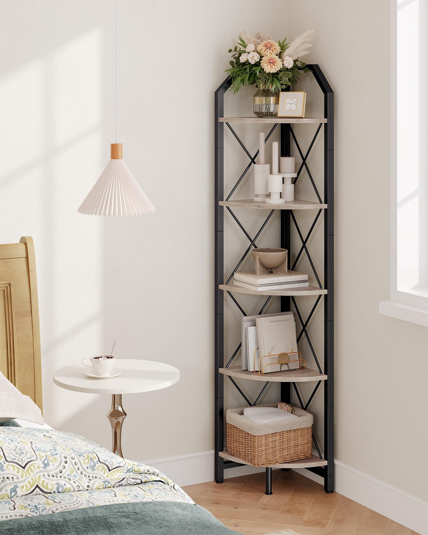 CHOEZON 5-Tier Corner Shelf, Industrial Corner Bookshelf, 59.4" Corner Storage Stand, Plant Stand Display Shelf, Corner Bookcase for Bedroom, Living Room, Home Office, Greige and Black TCJ10BG