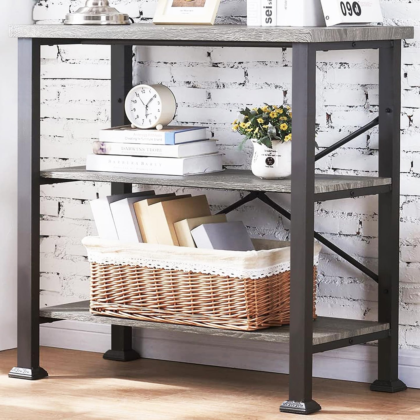 HOMBAZAAR 3 Tier Bookshelf,Grey Industrial Book Shelf,Engineered Wood and Metal Small Bookshelves,Low Shelf Bookcase for Living Room,Office,Bedroom and Kitchen