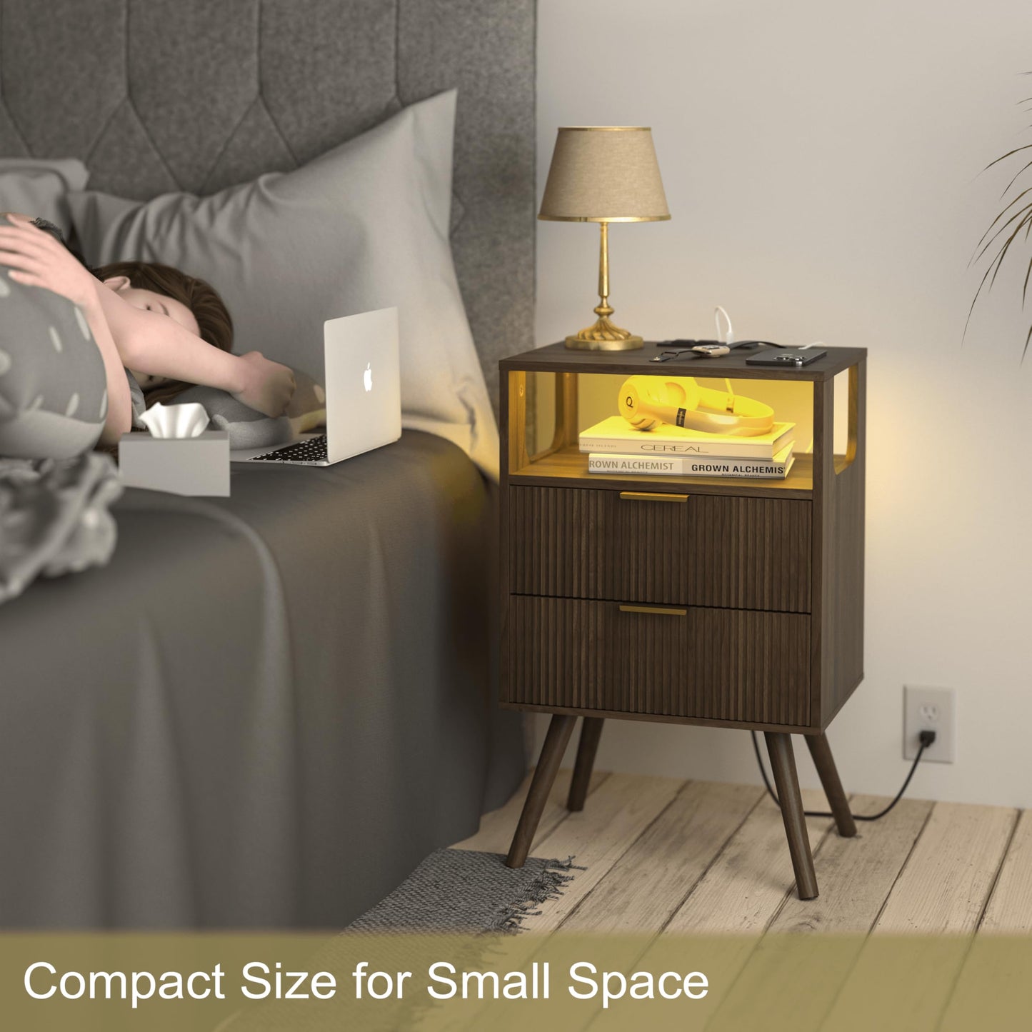 JOONEE Nightstand with Charging Station and LED Lights,Modern Bedside Table with 2 Storage Drawer and Open Wood Shelf, for Bedroom and Small Spaces,Night Stand with Solid Wood Legs,Walnut Brown