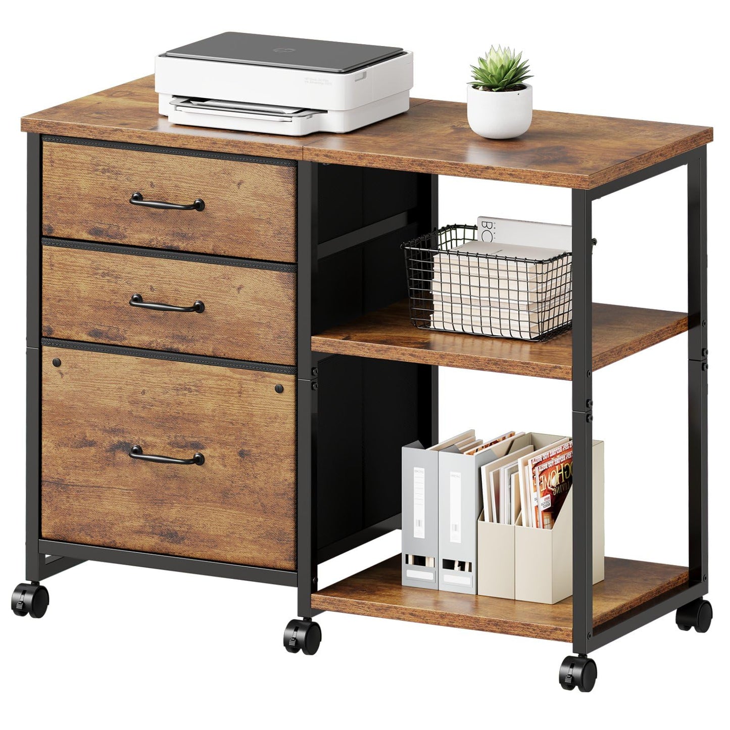Maihail 3 Drawer File Cabinet with Wheels Rolling Printer Stand with Open Storage Shelf Fabric Lateral Filing Cabinet for Home Office,Rustic Brown2