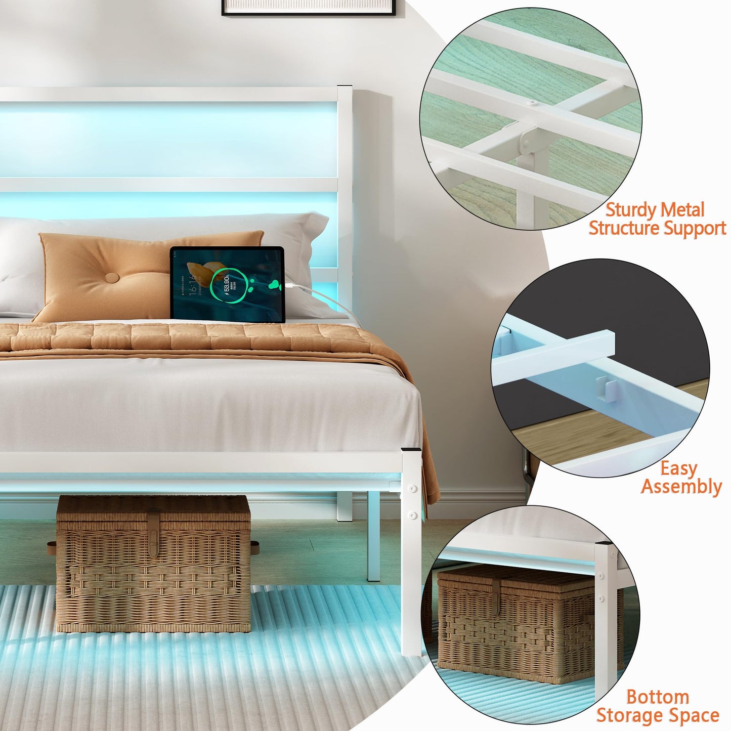 CLIBFENG Queen Size Bed Frame with Headboard,Heavy Duty Steel Slats Support-LED Bed Frame with USB Charging Station,Mattress Foundation-Under Bed Storage,No Box Spring Needed,Noise Free,White