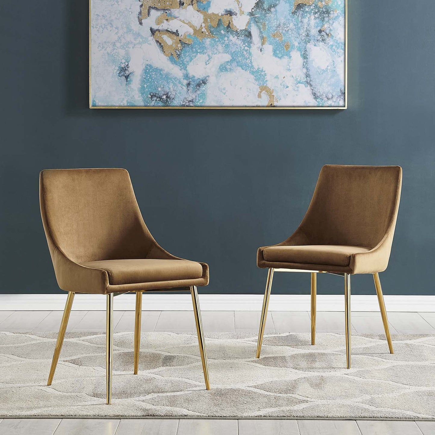 Modway Viscount Performance Velvet Upholstered Side Dining Chairs in Gold Cognac - Set of 2