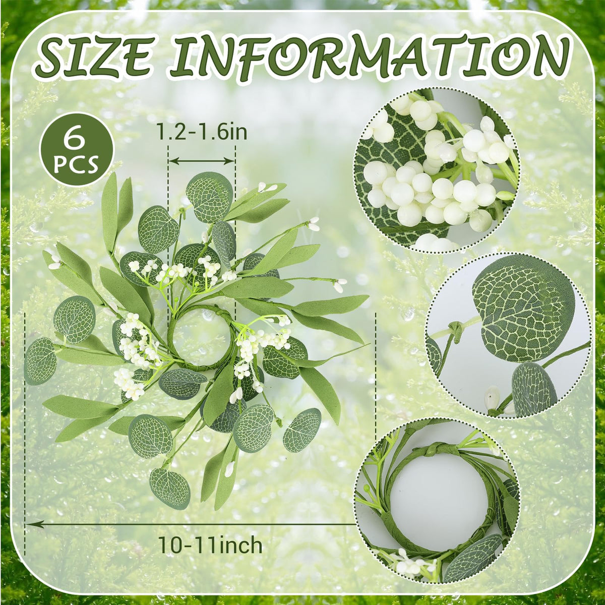 6 PCS Eucalyptus Taper Candle Rings Wreaths 1.38" Mini Spring Summer Floral Taper Candle Holder Wreaths Green Artificial Flower Table Centerpieces Wreath for Church Farmhouse Home Candlesticks Decor