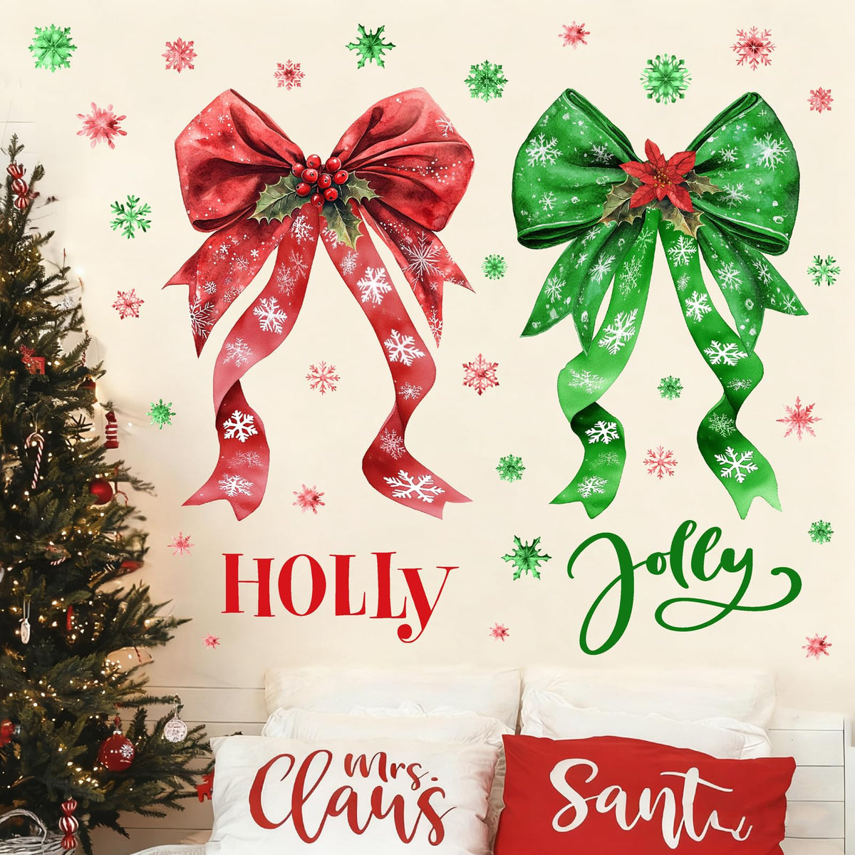 Large Christmas Wall Stickers Green Red Bow Decoration Decals Peel and Stick Xmas Bow Stickers Home Indoor Decor for Living Room O Holy Snowflakes Vinyl Art Murals for New Year Holiday Party Supplies