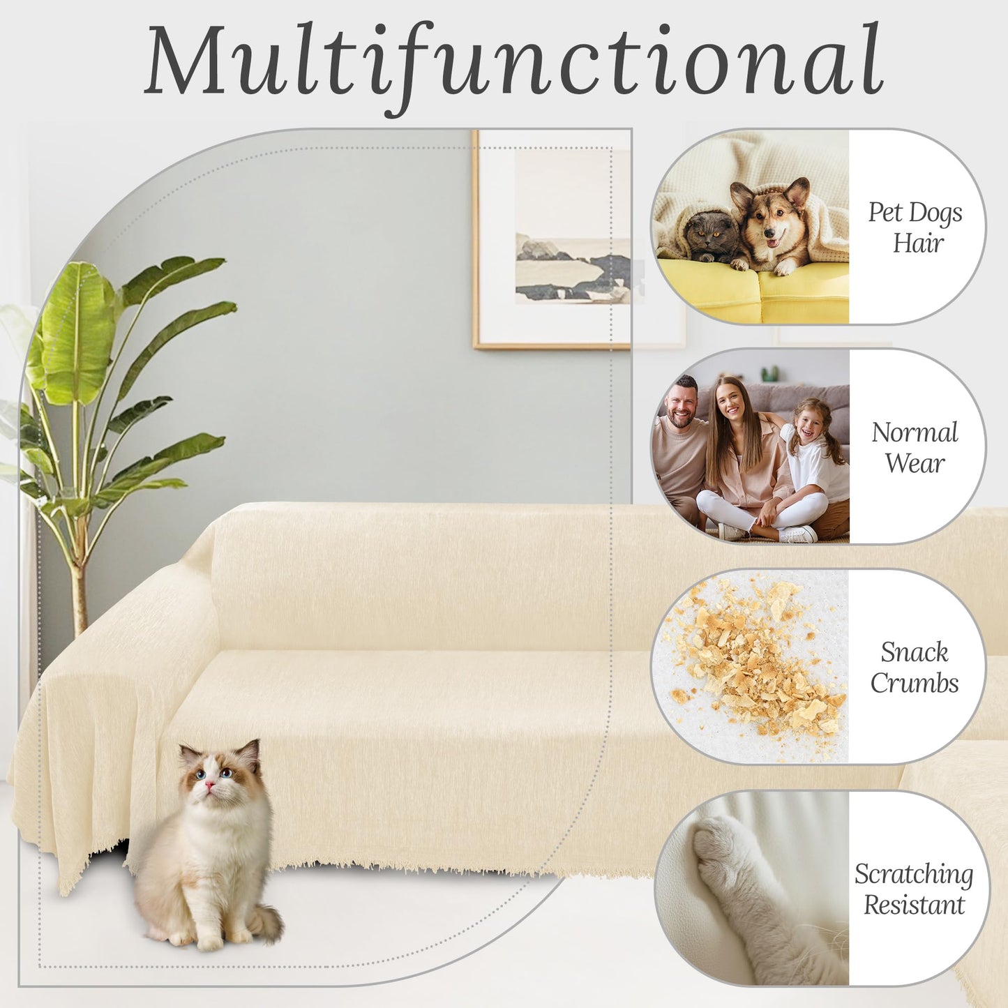 HDCAXKJ Corner Sectional Couch Covers for Dogs L Shape Sofa Cover with Tassel Chenille Super Soft Non Slip U Shaped Couch Cover Blanket Washable Sofa Slipcovers Protector (Light Beige, 91x276 inch)
