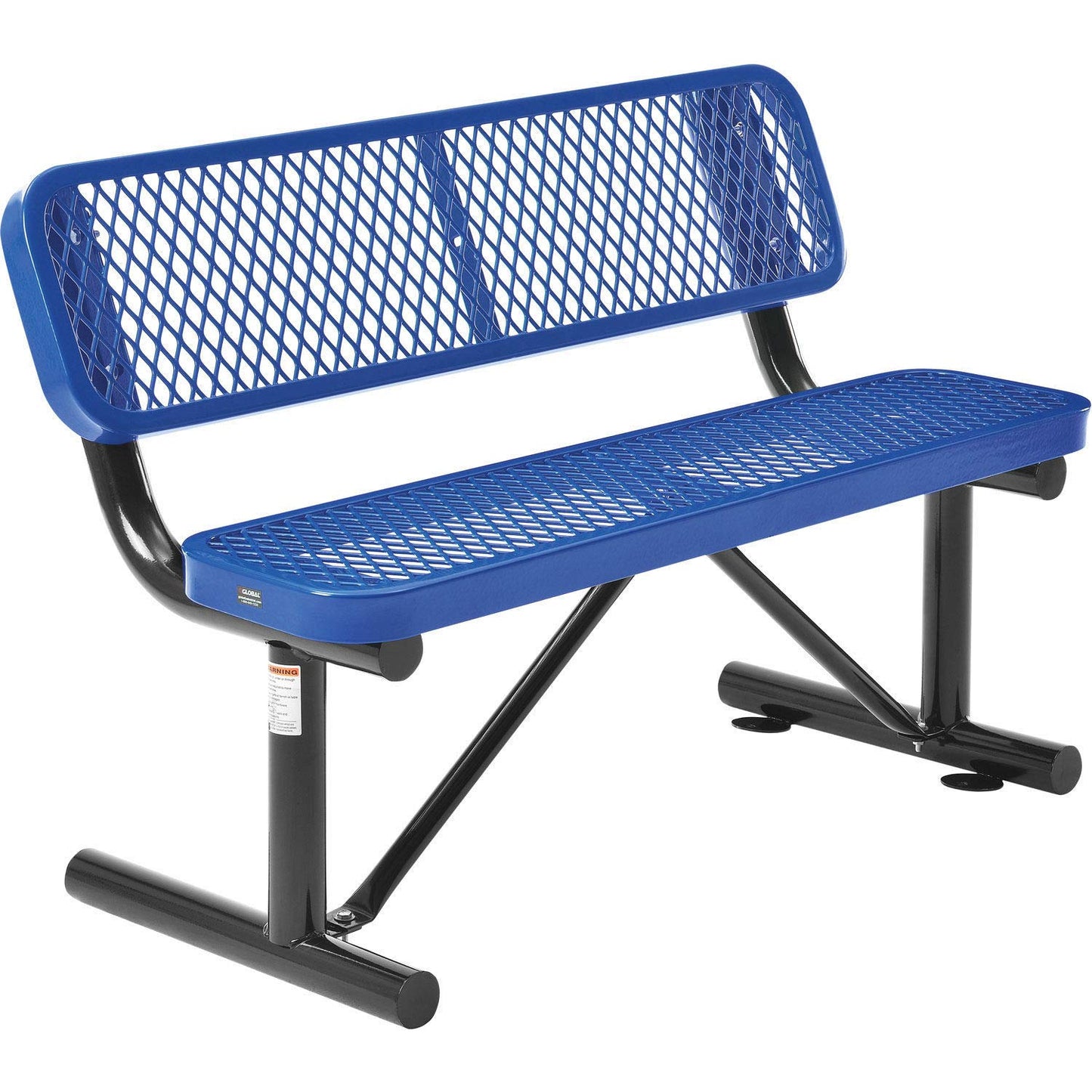 Global Industrial 4'L Heavy Duty Expanded Metal Mesh Bench with Backrest with Steel Frame, Portable Outdoor Bench, 1000 lbs Capacity, Blue, 48" L x 24" W x 33" H