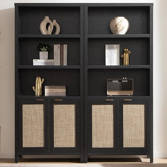 SICOTAS Bookcase 71" Tall Bookshelf 5 Tier Rattan Boho Bookcase