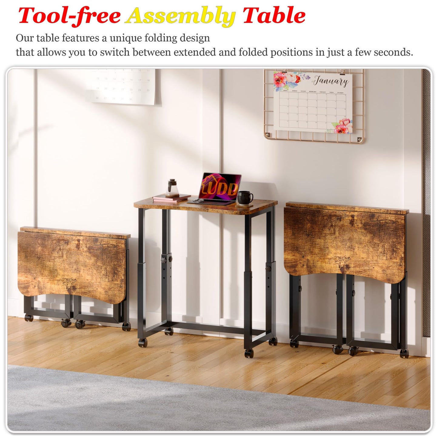 UDD No Tools Assembly Folding Desk, 23.6" Mobile Computer Desks with Wheels, Foldable Writing Fold Table, Portable Collapsible Work Craft Tables for Small Space Home Office Bedroom, Rustic Brown Black
