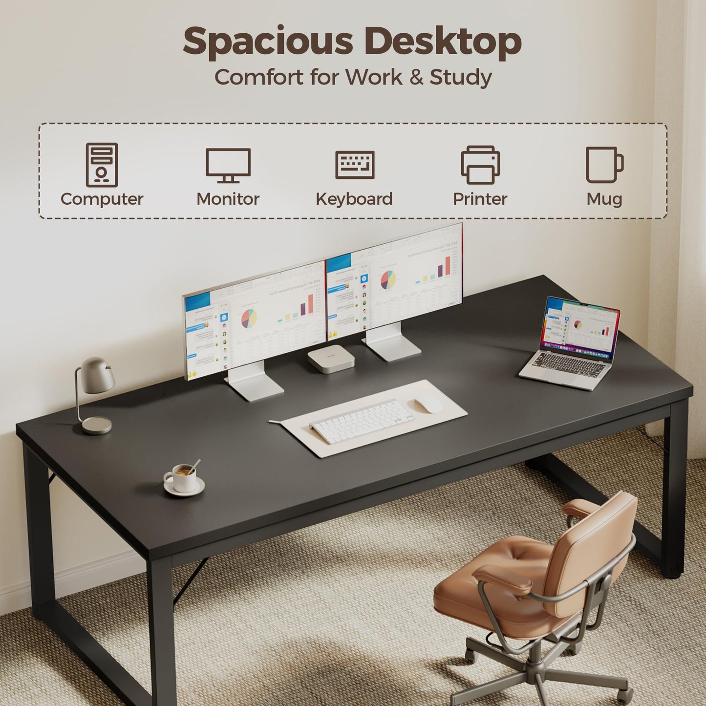 Mericonia 40 Inch Computer Desk, 1" Thick Modern Simple Study Writing Table, Heavy Duty Industrial Office Desk for Home Bedroom Workstation, Black