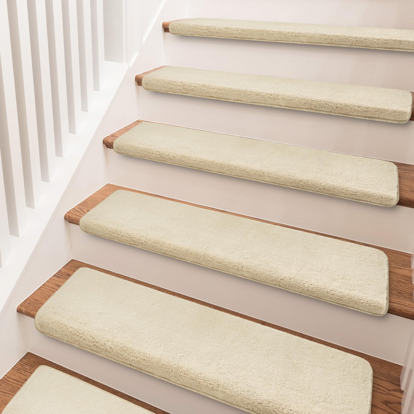 PURE ERA Carpet Stair Treads Ultra Plush 9.5" X 30"Soft Bullnose Indoor Stair Protectors Pet-Friendly Non-Slip Skid Resistant Tape Free Washable Reusable(2 Pieces,Beige)