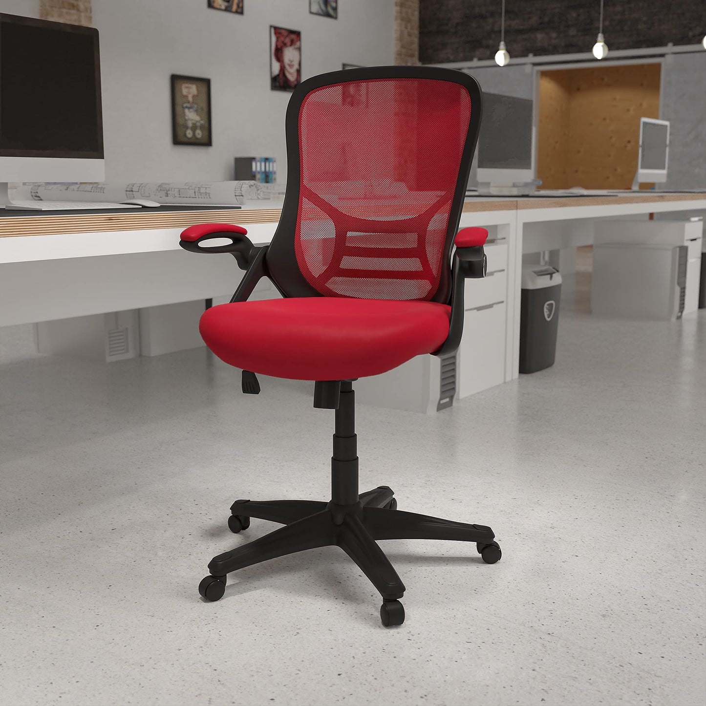 Flash Furniture Porter High Back Mesh Ergonomic Swivel Office Chair with Lumbar Support, Flip-Up Arms, Tilt Lock/Tilt Tension, Height Adjustable, Red/Black Frame