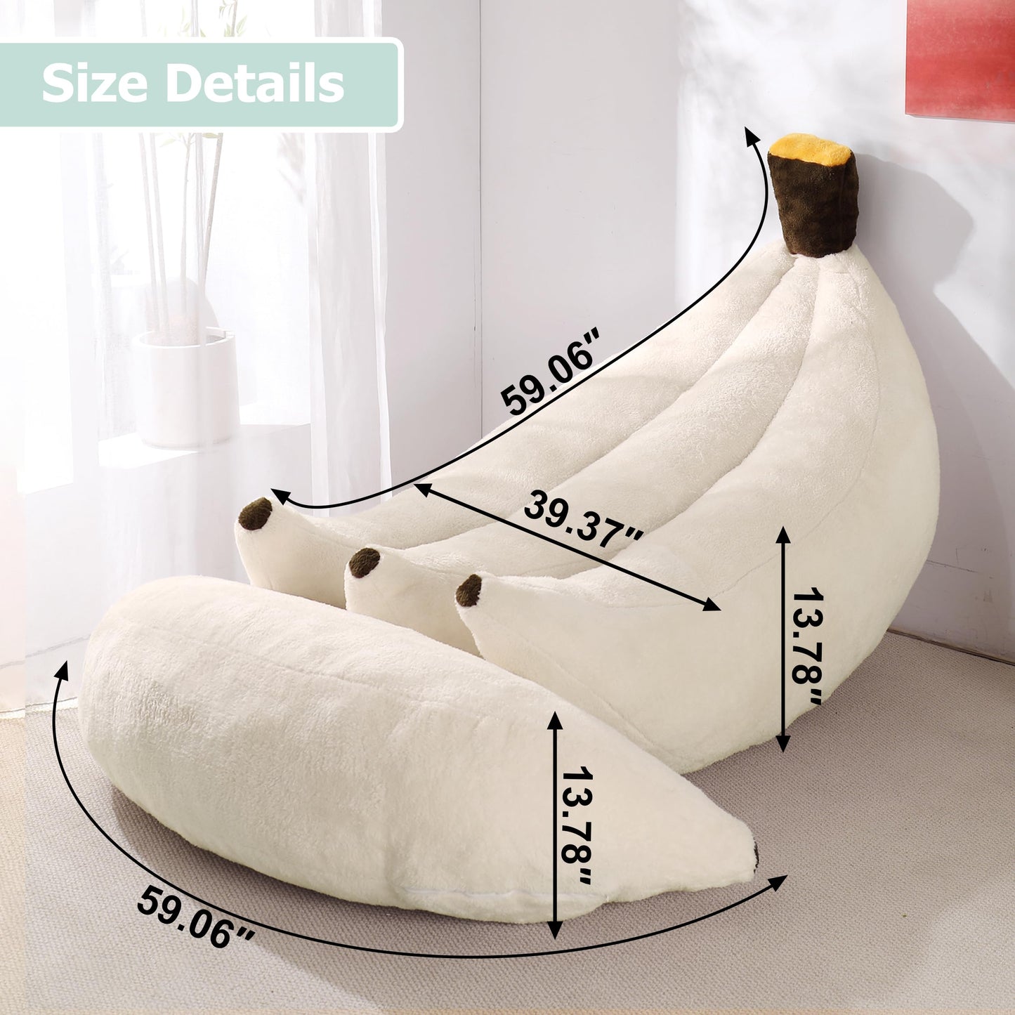 IEVENW Banana Bean Bag Chair with Ottoman, Floor Sofa Bed with Footrest, Comfy Convertible Lounger for Adults, Plush Couch for Bedroom, Living Room or Dorm, L-Cream