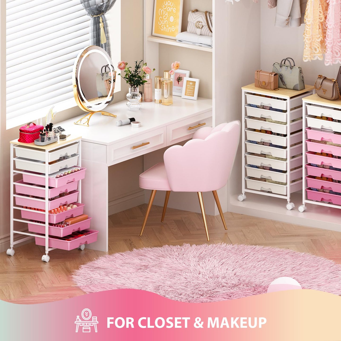 Goovilla Rolling Cart with Drawers, Utility Cart Organizer With 8 Removable Drawers and Wooden Tabletop, Lockable Rolling Storage Organizer for Art, Classroom, Home, Dorm, Office, Craft Storage, Pink