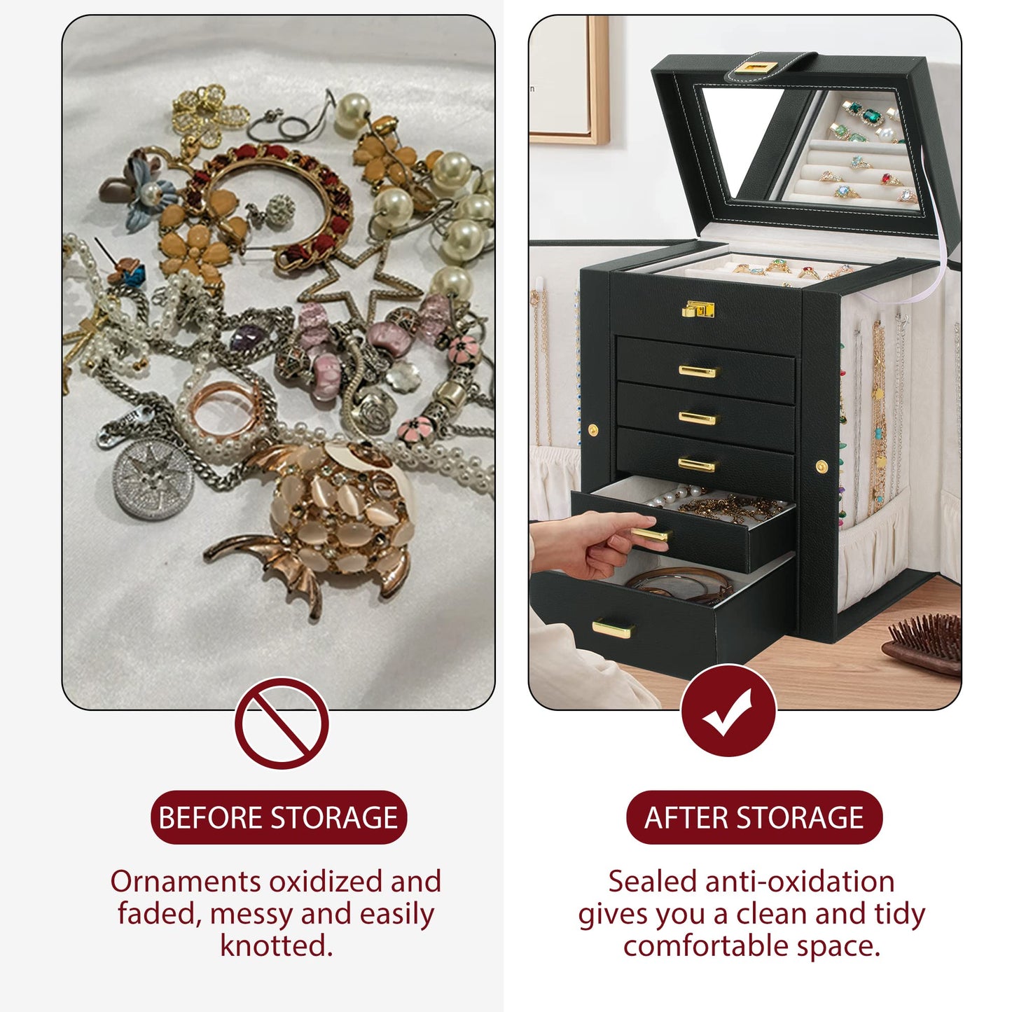 AKOZLIN 6-Tier Jewelry Box Organizer Functional 5 Drawers Leather Jewelry Storage Case for Women Girls Ring Necklace Earring Bracelet Holder Organizer with Mirror Black Regular