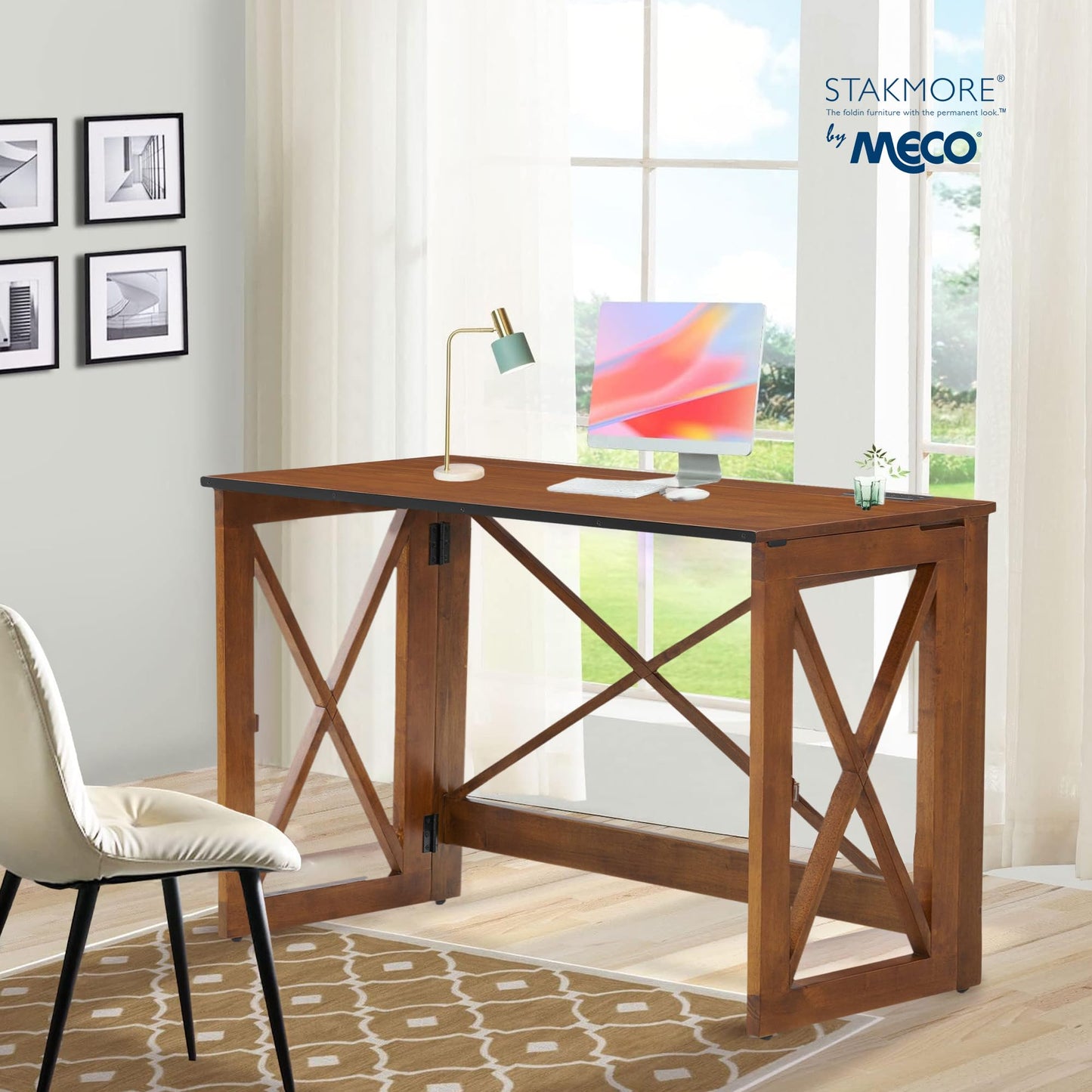 MECO Stakmore 110 Volt Stylish Versatile Expandable Folding Desk with Built in Outlets for Home Office, Den, or Living Room, Fruitwood