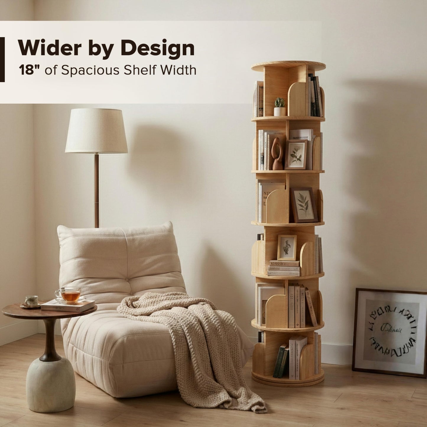 Maison Atelier 6-Tier Rotating Bookshelf with 18″ Wide Shelves, Solid Wood Bookcase for Living Room, Bedroom & Kids Room, Space-Saving Corner Bookshelf with Lazy Susan Organizer - [Pine]