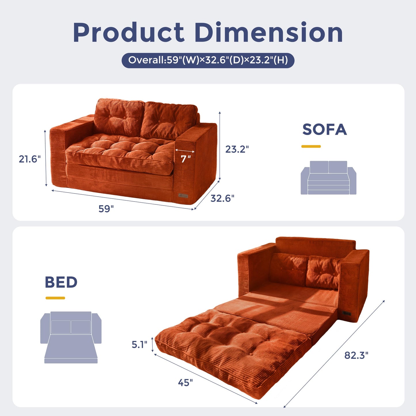 MAXYOYO Convertible Sofa Bed, Pull Out Loveseat Sofa Couch, 2 in 1 Folding Couch Bed, Fold Out Floor Couch with Pillows for Living Room Bedroom Lounge