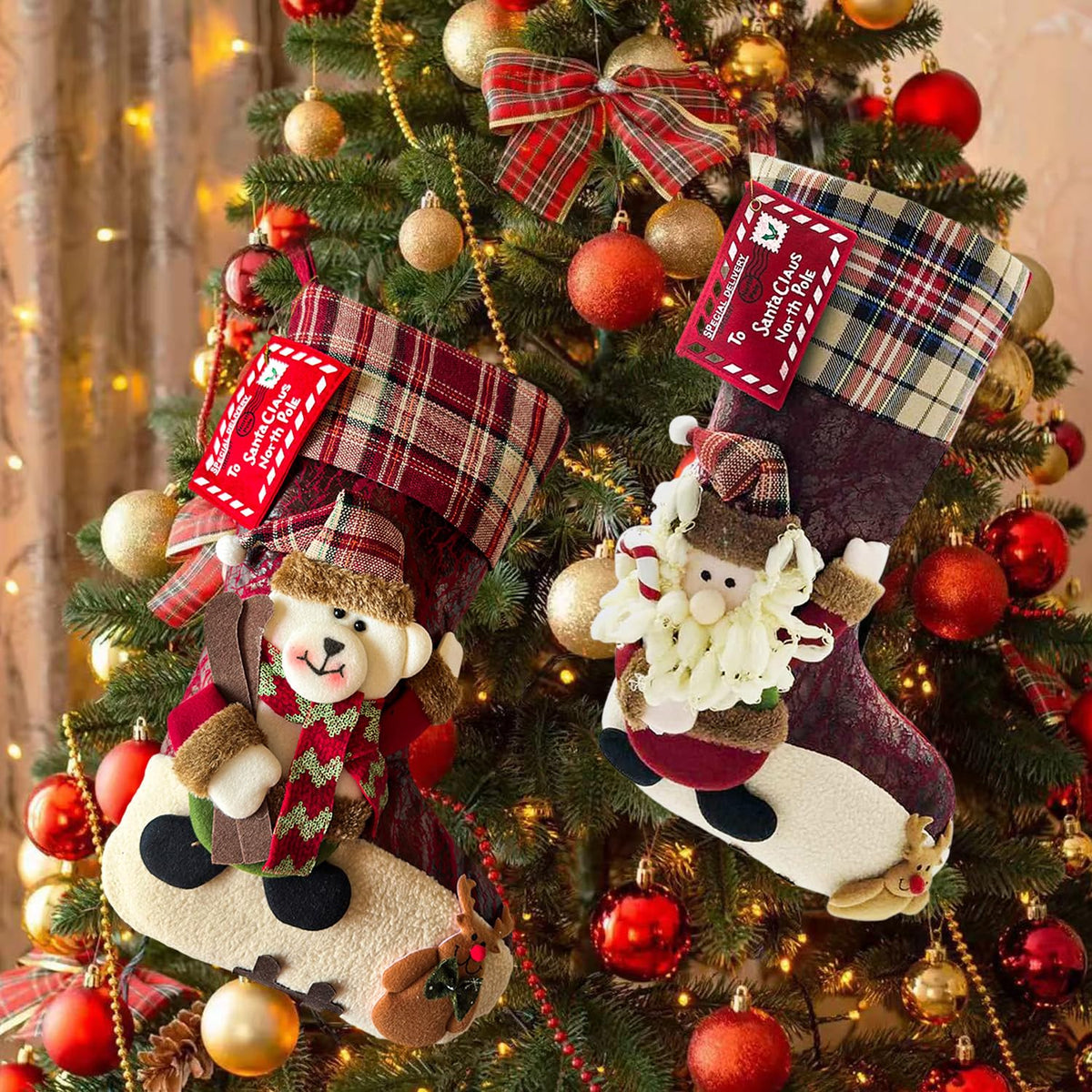 ETERAMUS 21 inch Plaid Christmas Stockings Santa Claus with Deer, Bear, Animal One Piece, Felt Large Plush 3D Reindeer Xmas Stocking for Girls Boys Tree Mantel Party Décor (Red Santa Claus)